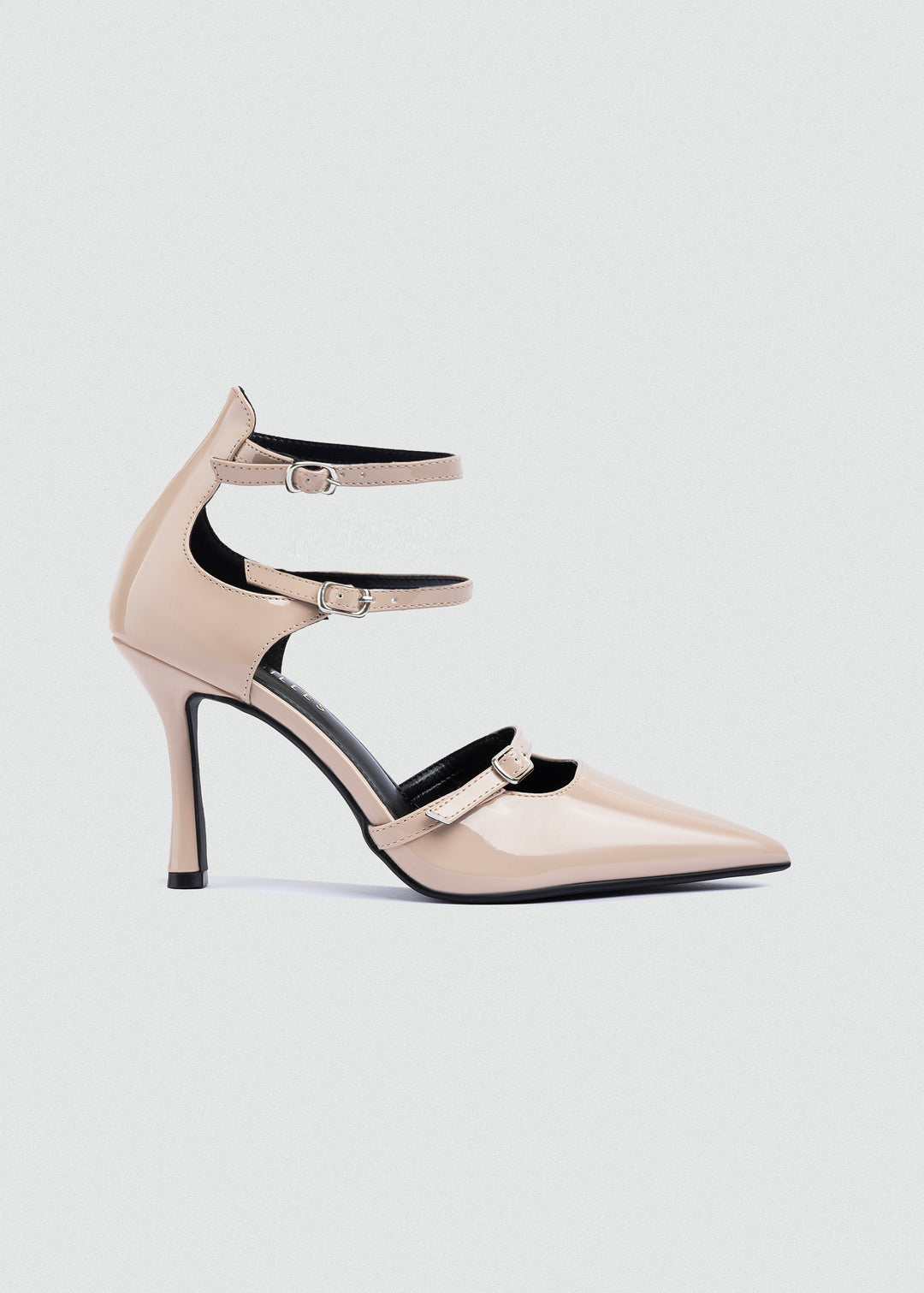 Triple-Strap Pointed Patent Pumps - Beige