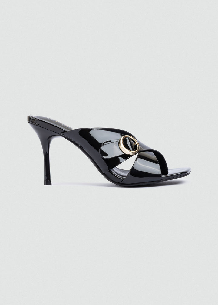 Patent Crisscross Mules with Gold Ring - Black