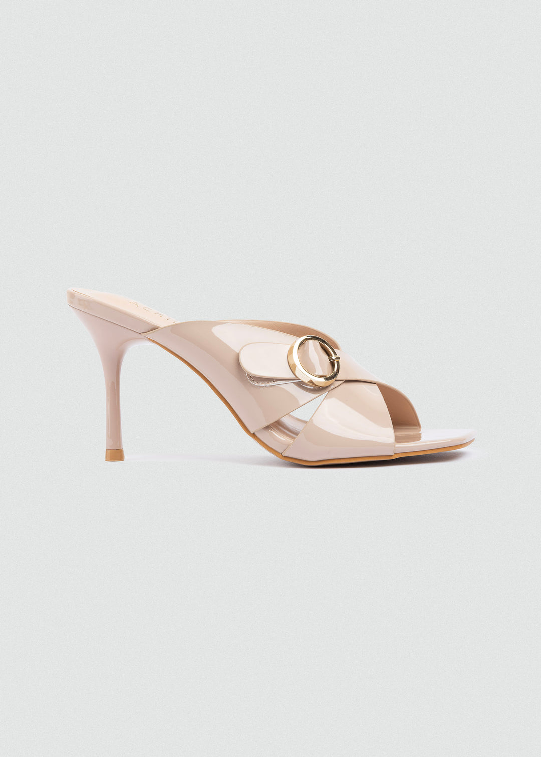 Patent Crisscross Mules with Gold Ring - Beige