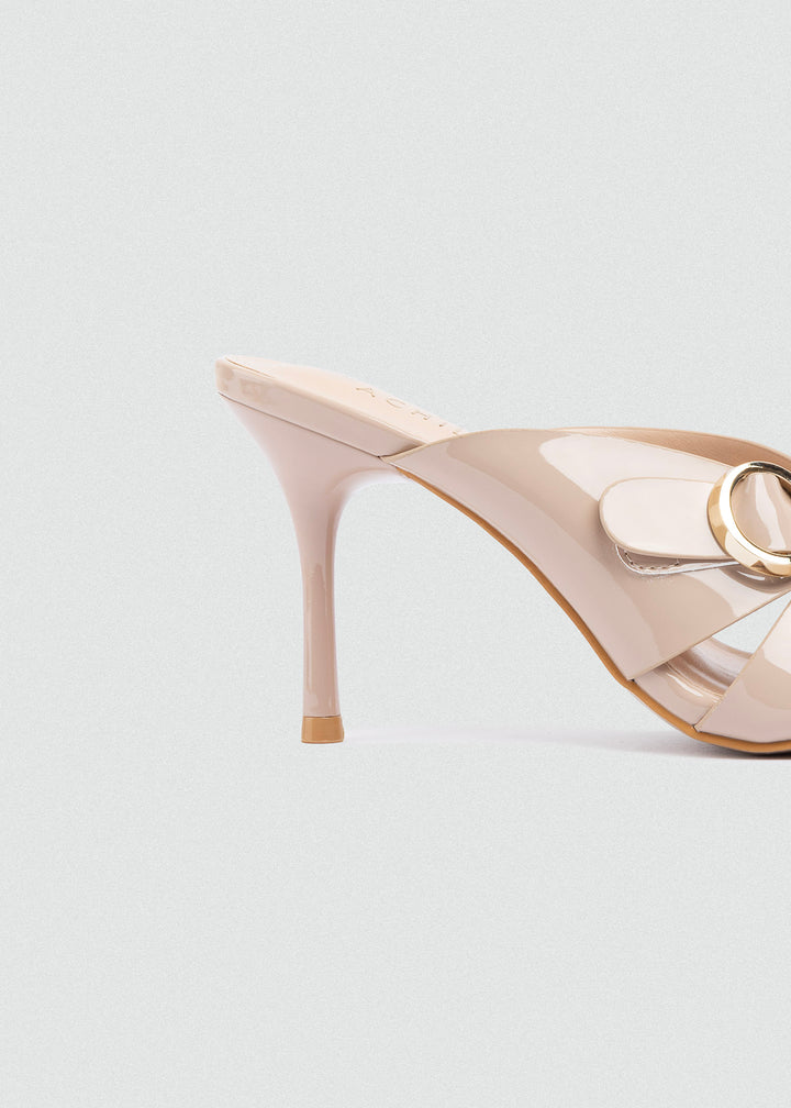 Patent Crisscross Mules with Gold Ring - Beige