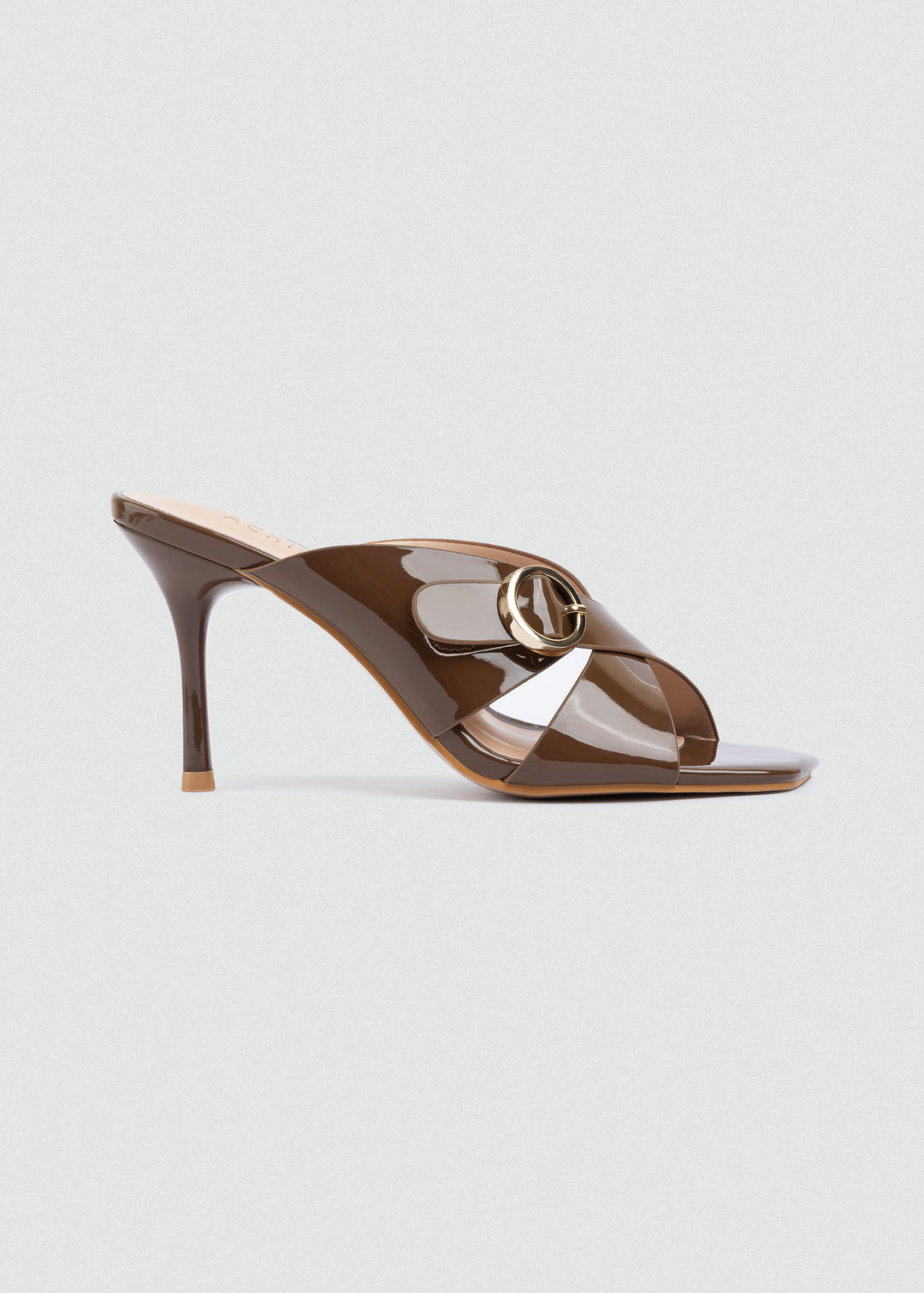 Patent Crisscross Mules with Gold Ring - Café