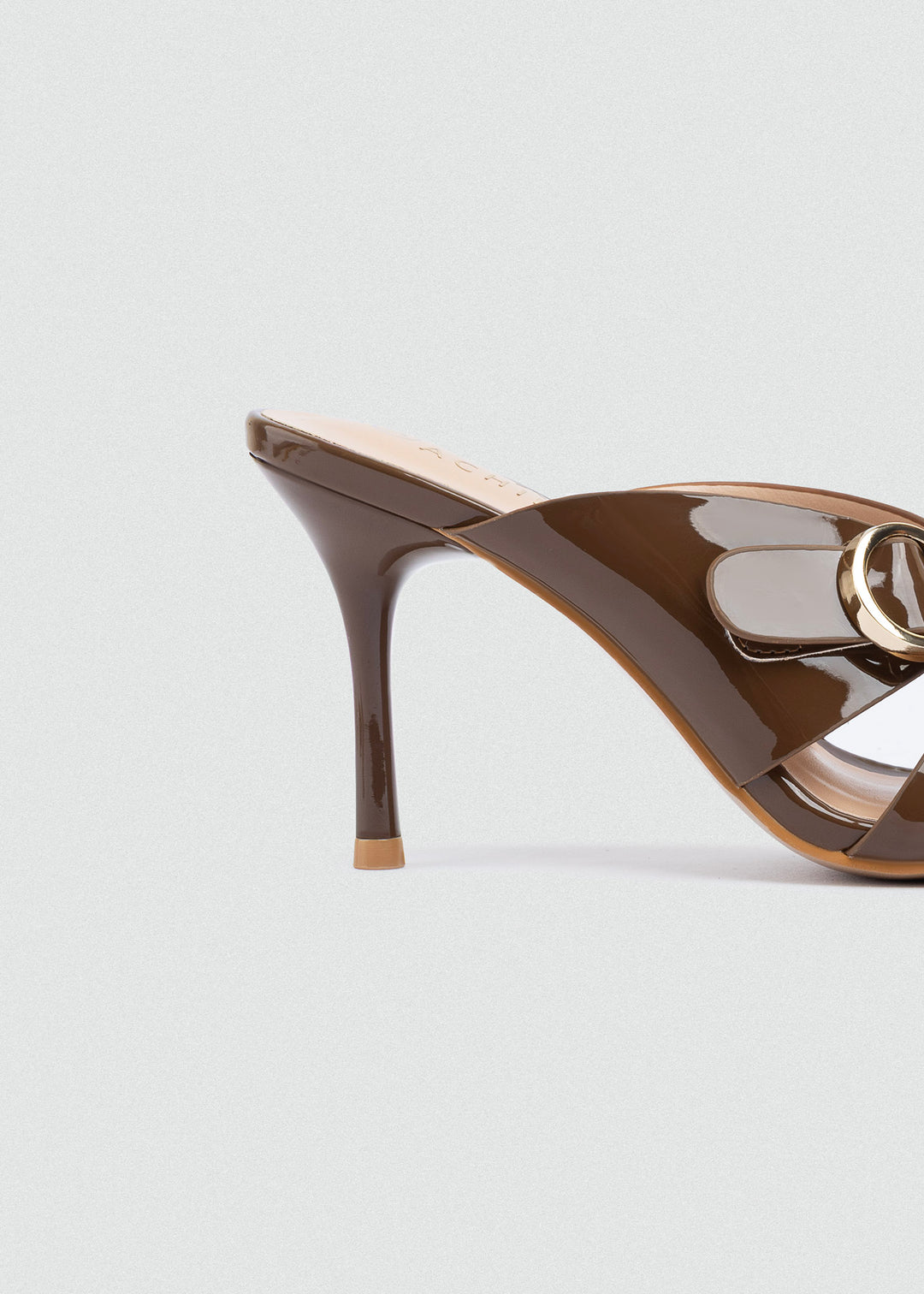 Patent Crisscross Mules with Gold Ring - Café