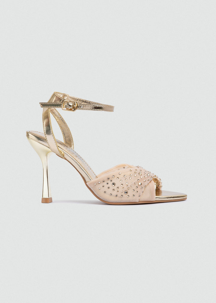 Crystal Knotted Mesh Heeled Sandals - Gold