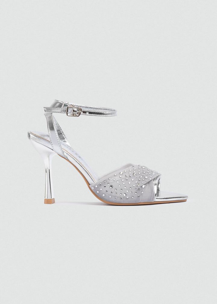 Crystal Knotted Mesh Heeled Sandals - Silver