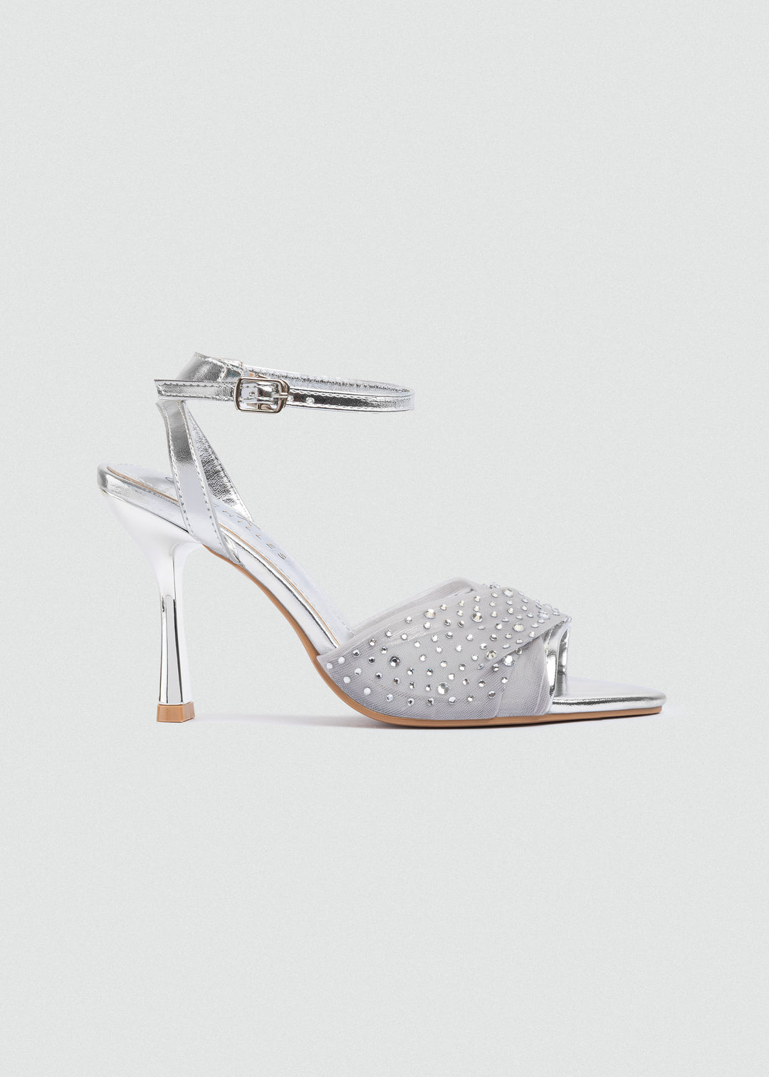 Crystal Knotted Mesh Heeled Sandals - Silver