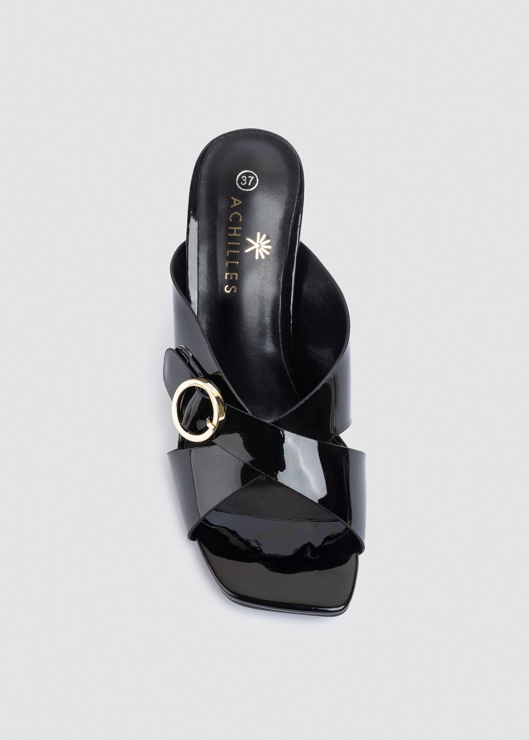 Patent Crisscross Mules with Gold Ring - Black