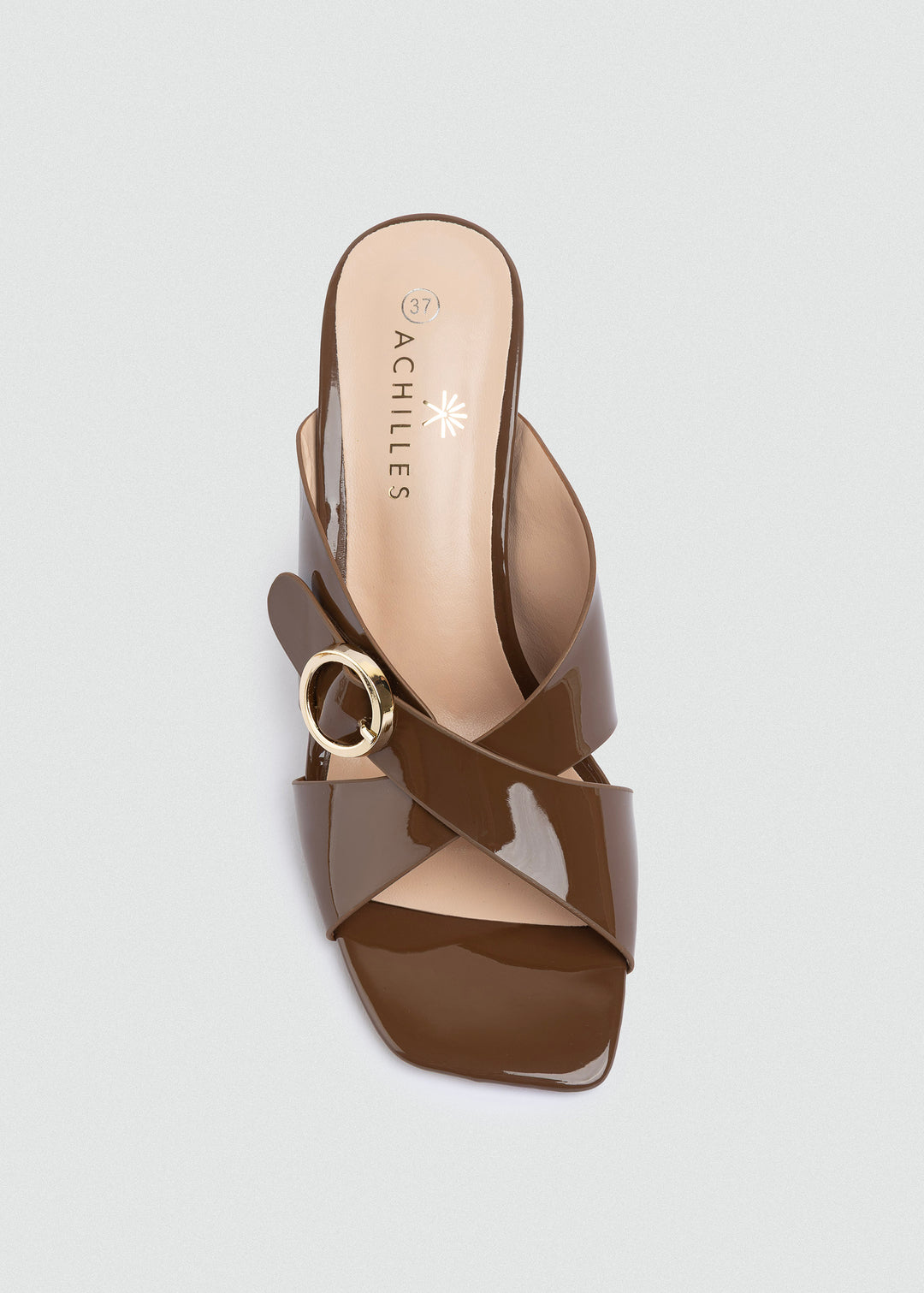 Patent Crisscross Mules with Gold Ring - Café