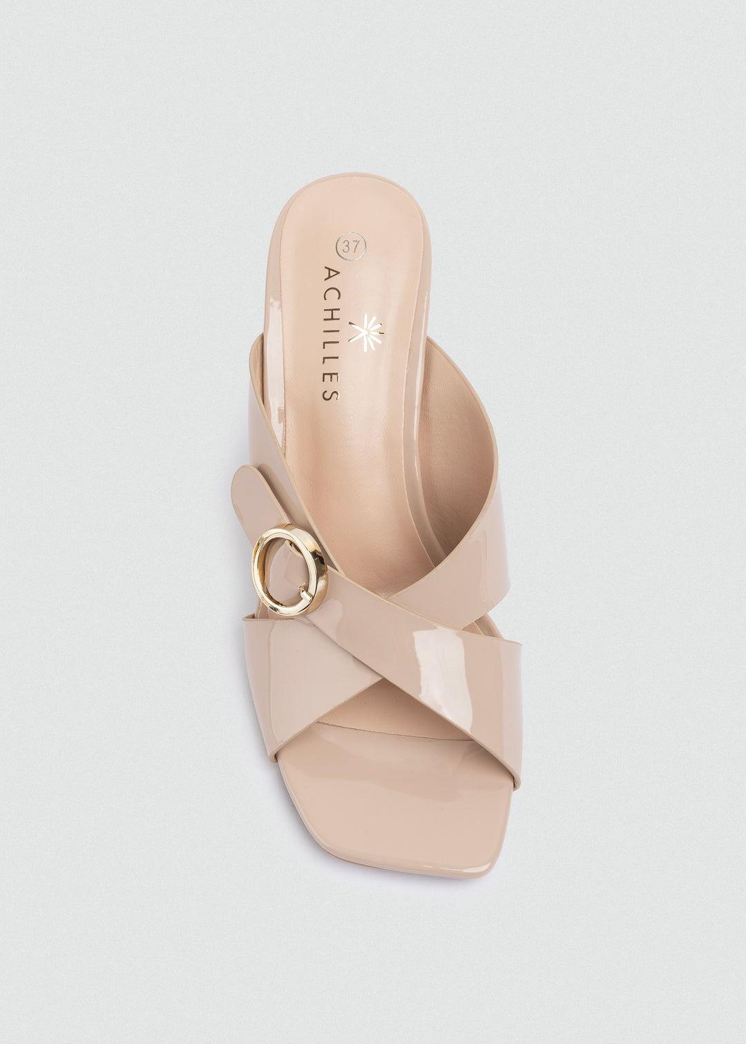 Patent Crisscross Mules with Gold Ring - Beige