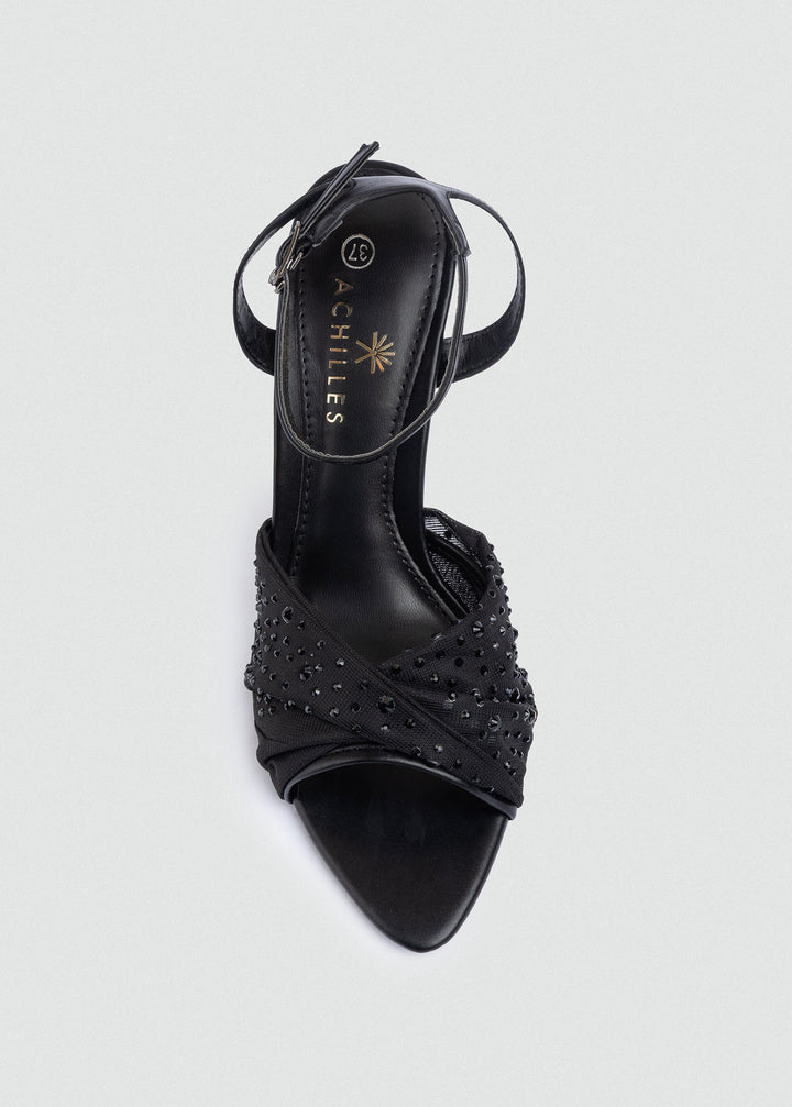 Crystal Knotted Mesh Heeled Sandals - Black