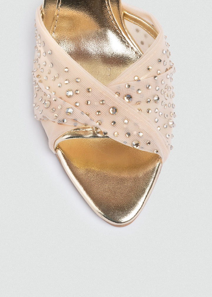 Crystal Knotted Mesh Heeled Sandals - Gold