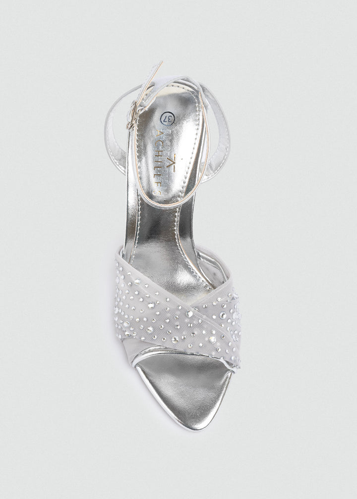 Crystal Knotted Mesh Heeled Sandals - Silver