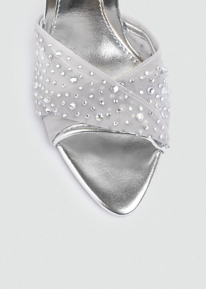 Crystal Knotted Mesh Heeled Sandals - Silver