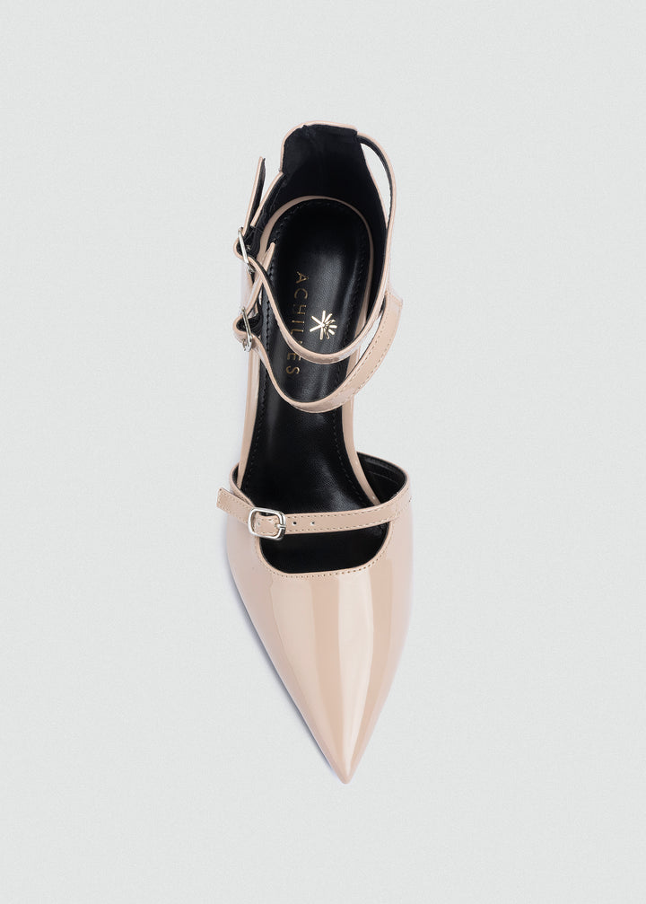 Triple-Strap Pointed Patent Pumps - Beige
