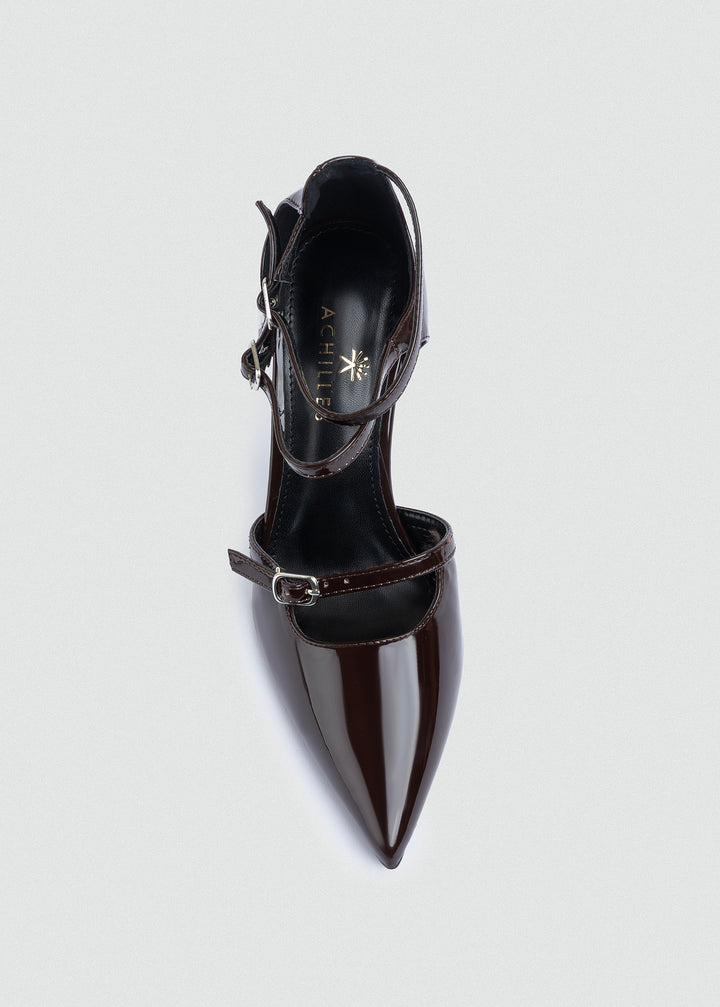 Triple-Strap Pointed Patent Pumps - Brown