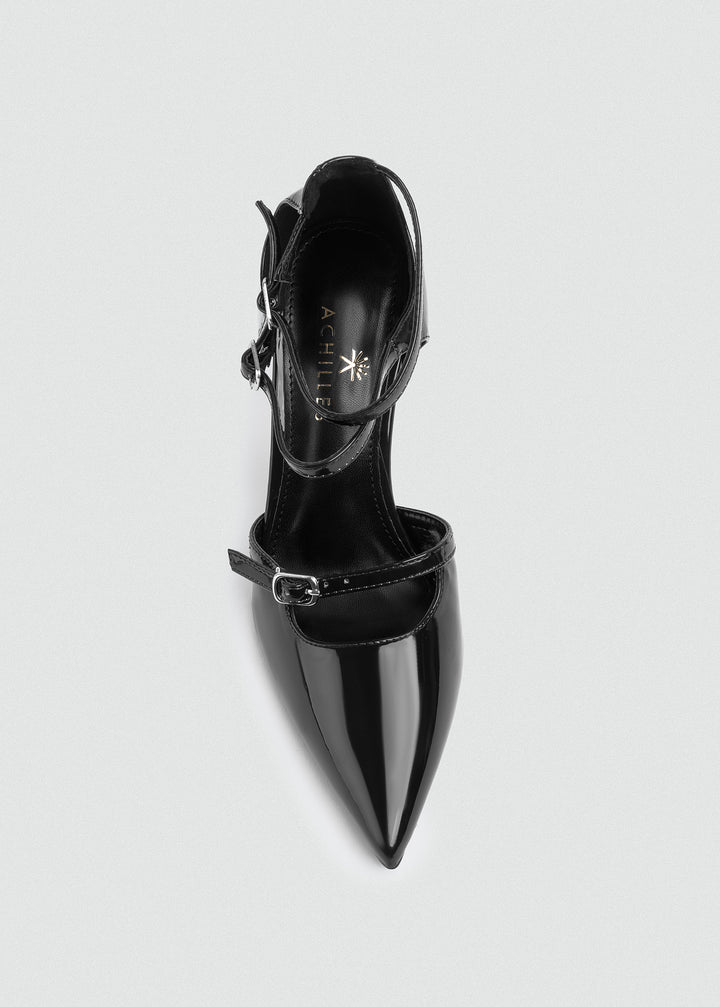 Triple-Strap Pointed Patent Pumps - Black