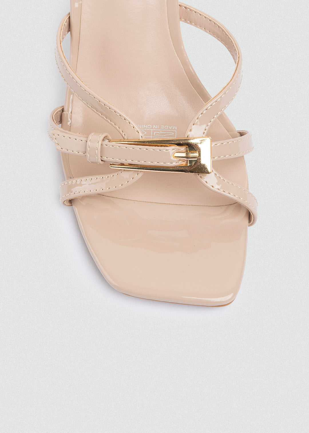 Patent Thin-Strap Buckle Mules - Beige