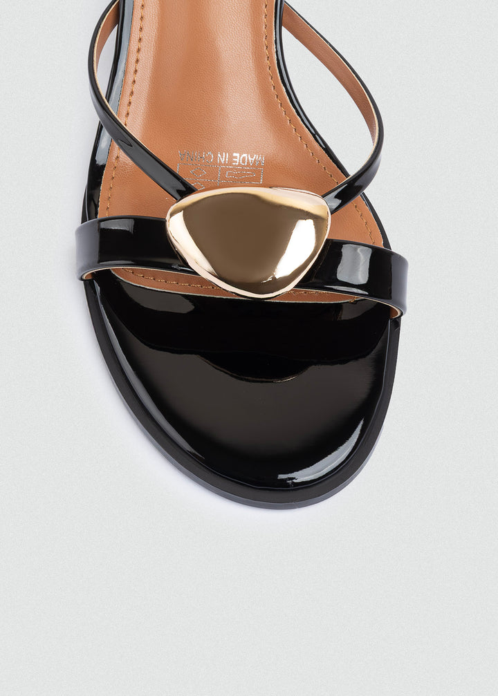 Gold Pebble Kitten-Heel Sandals - Black