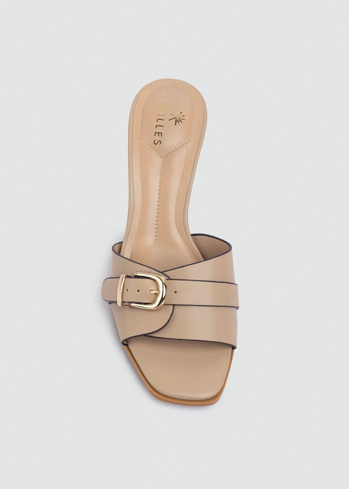 Wide-Band Buckle Slip-On Mules - Beige