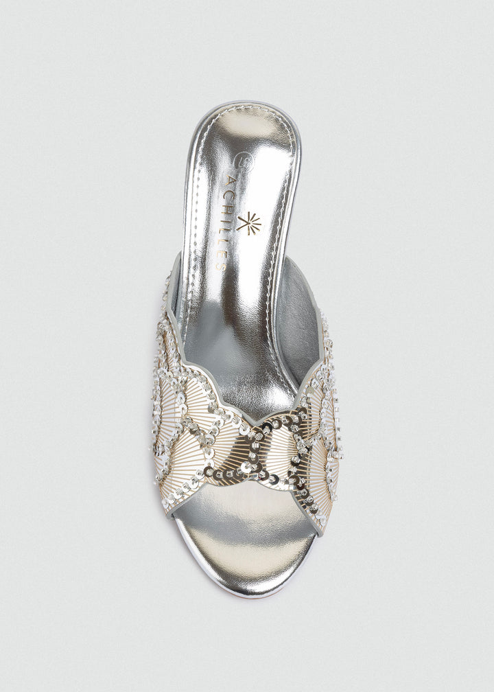Beaded Lattice Slip-On Mules - Silver
