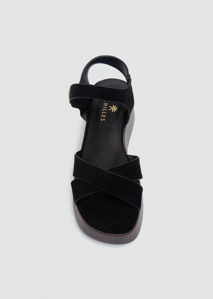 Suede Crisscross Flatform Sandals - Black