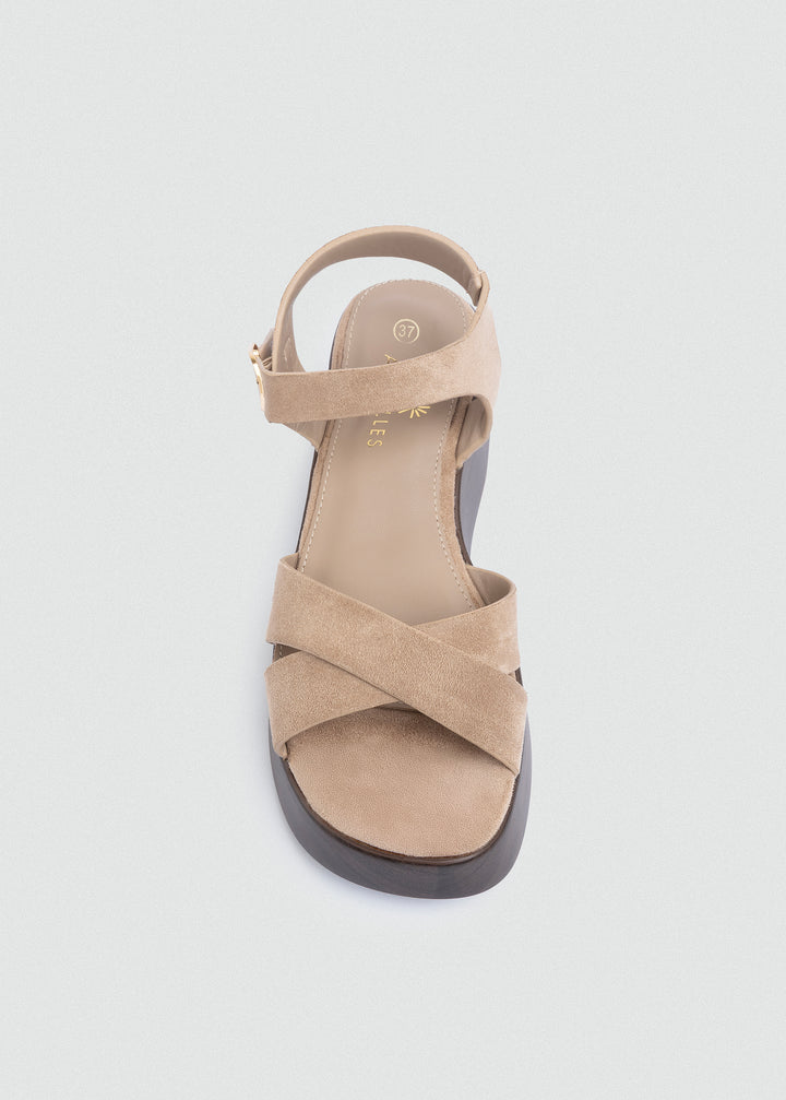 Suede Crisscross Flatform Sandals - Beige