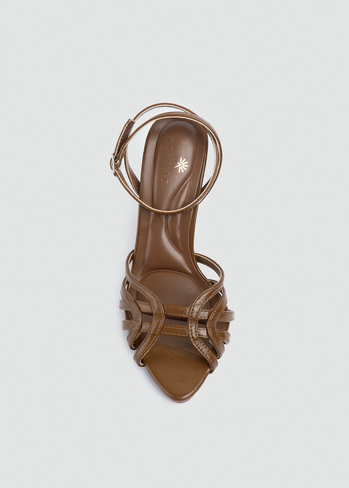 Wrap-Strap Patent Heeled Sandals - Café