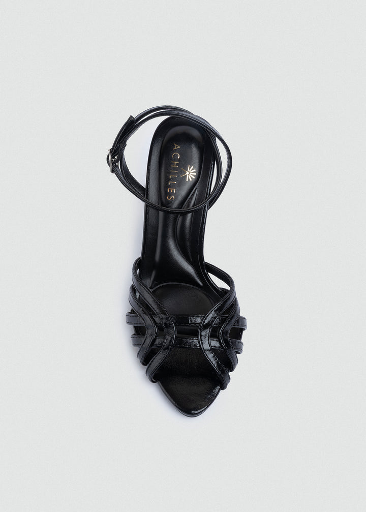 Wrap-Strap Patent Heeled Sandals - Black