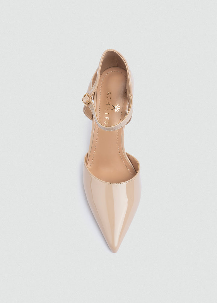 Open-Side Pointed Ankle-Strap Pumps - Beige