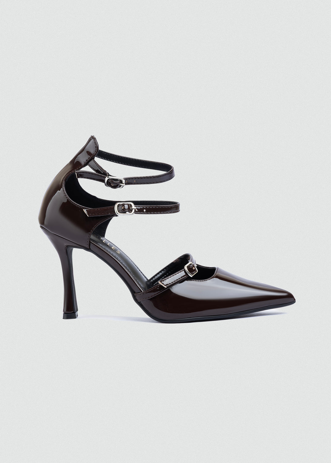 Triple-Strap Pointed Patent Pumps - Brown