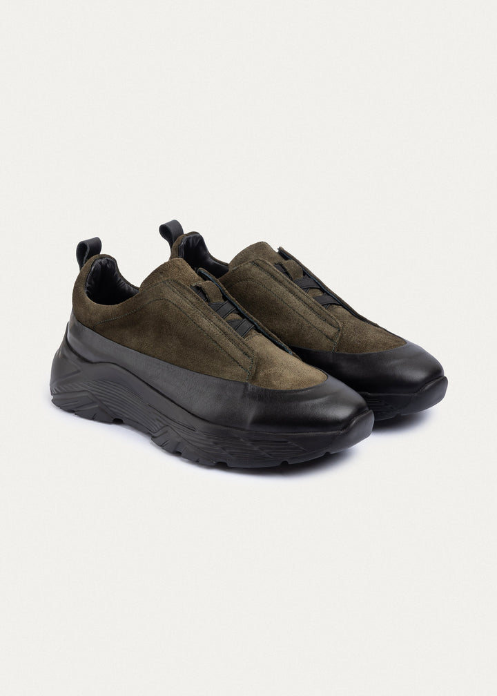 Suede Leather Comfort Trainer | Olive