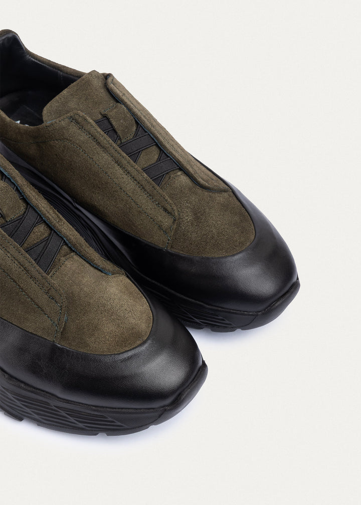 Suede Leather Comfort Trainer | Olive