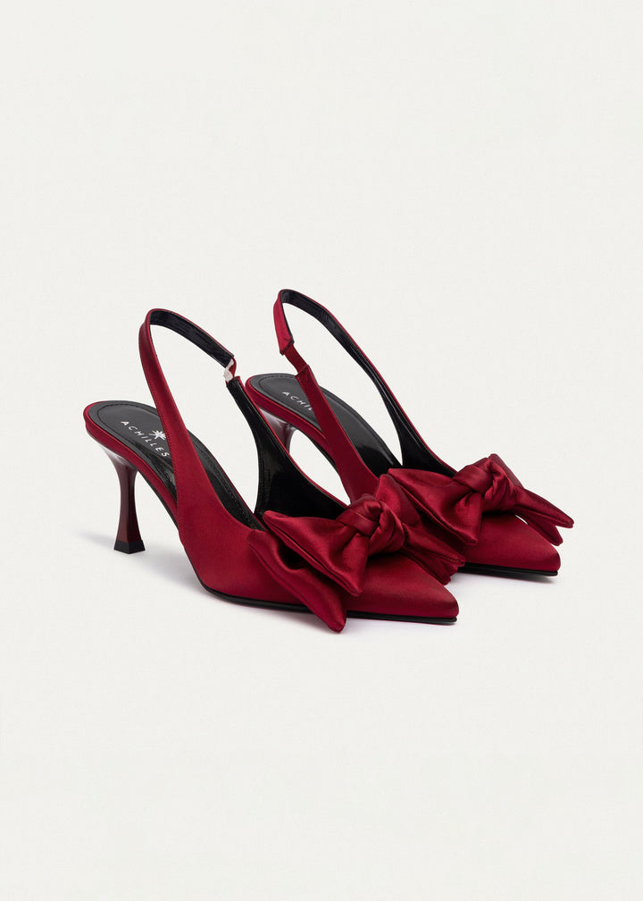 Achilles| Rouge Charm Satin Bow Slingback Heels - Crimson Red