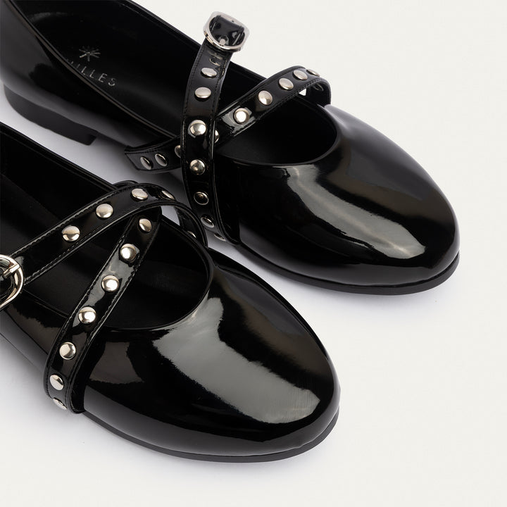 Achilles | Rebel Muse Studded Mary Janes - Glossy Patent Black