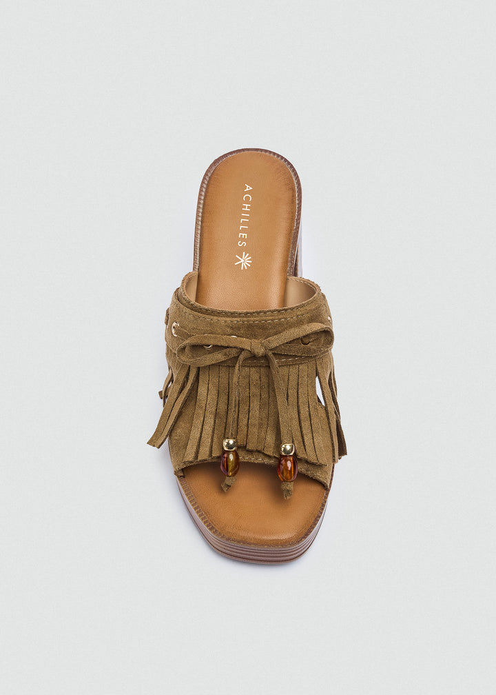 Suede Fringe Platform Sandals - Café