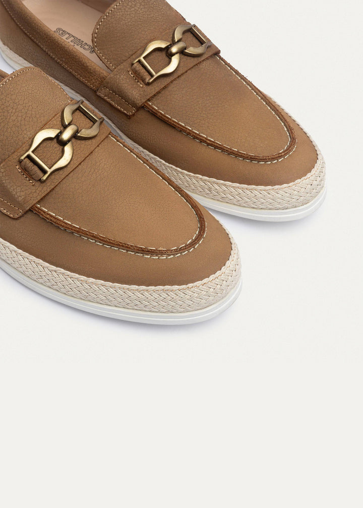 Achilles | Vigo Loafers â€“ Textured Leather Slip-On with Chain Accent -Sandy Brown