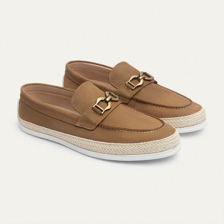 Achilles | Vigo Loafers – Textured Leather Slip-On with Chain Accent -Sandy Brown