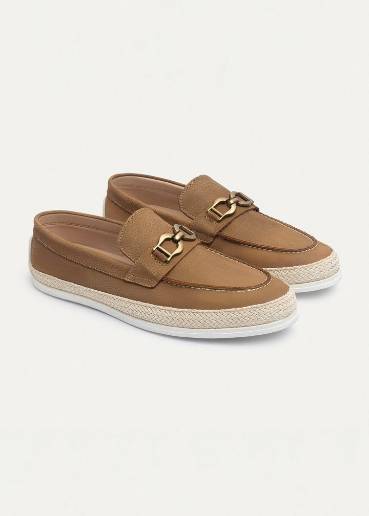 Achilles | Vigo Loafers â€“ Textured Leather Slip-On with Chain Accent -Sandy Brown
