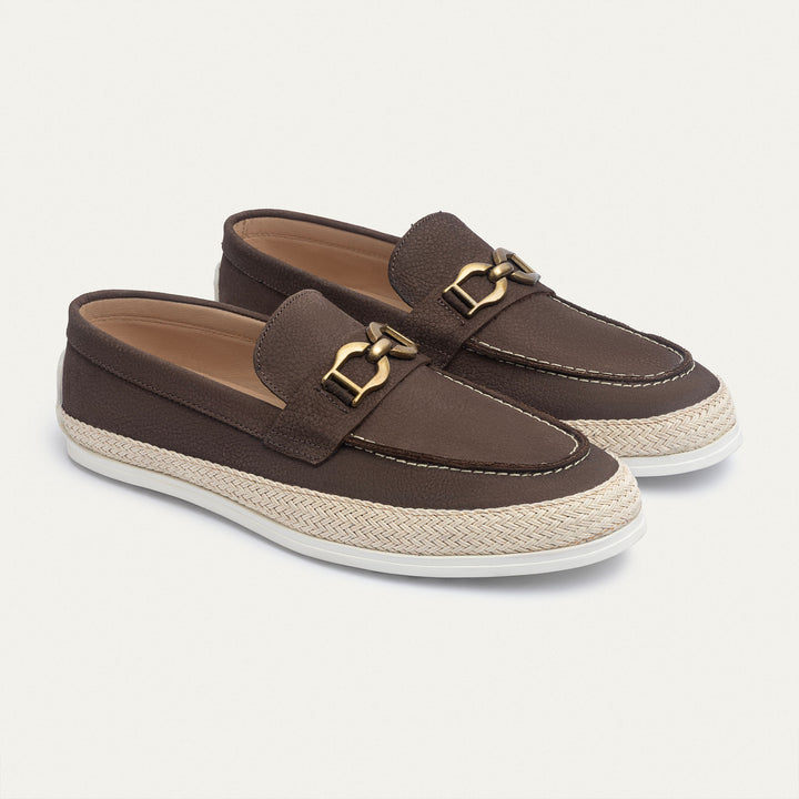 Achilles | Vigo Loafers – Textured Leather Slip-On with Chain Accent -Brown