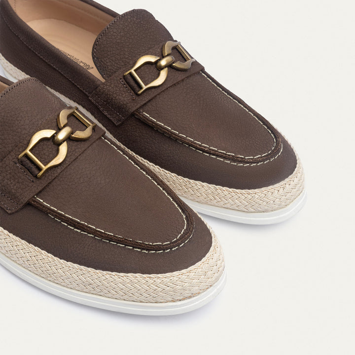 Achilles | Vigo Loafers – Textured Leather Slip-On with Chain Accent -Brown