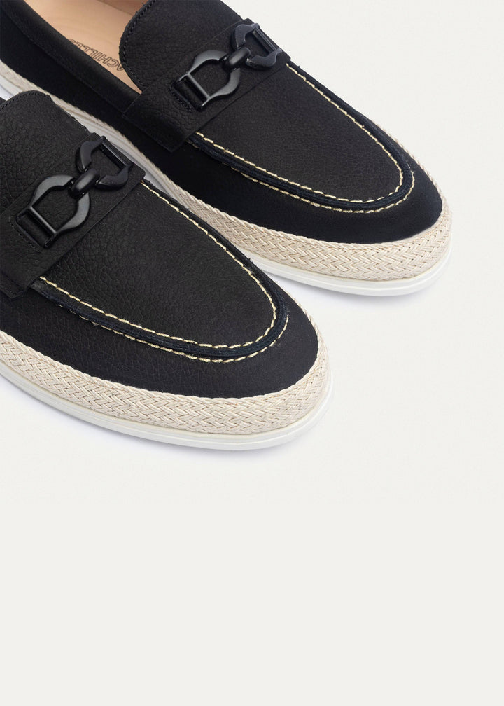 Vigo Loafers “ Textured Leather Slip-On with Chain Accent | Black