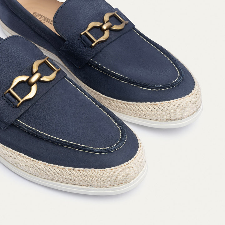Achilles | Vigo Loafers – Textured Leather Slip-On with Chain Accent -NavyBlue