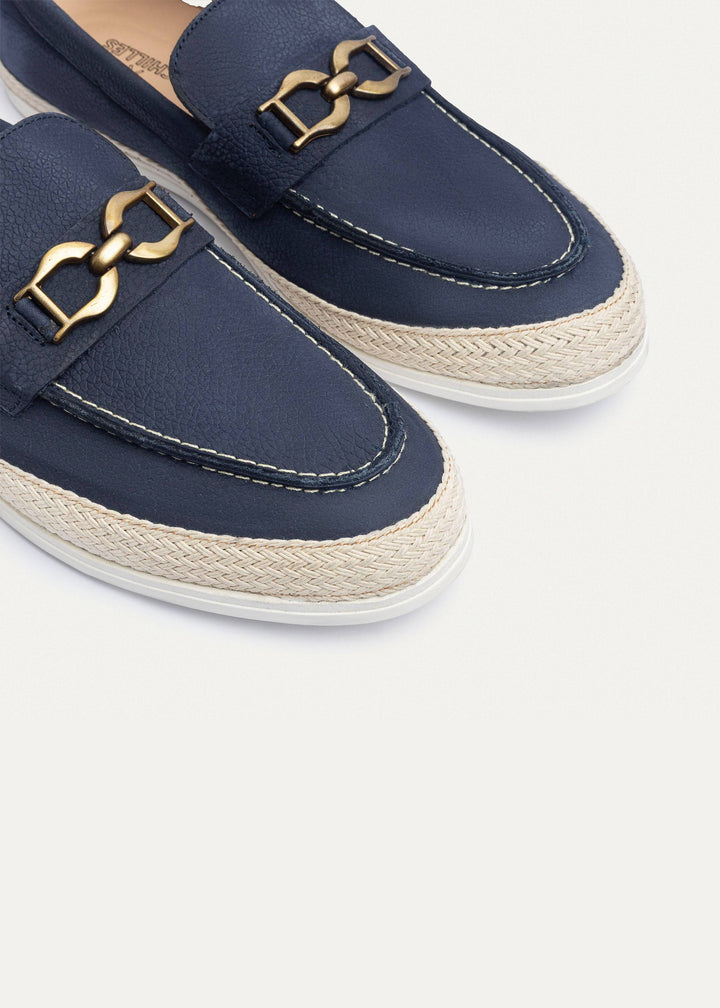 Achilles | Vigo Loafers â€“ Textured Leather Slip-On with Chain Accent -NavyBlue