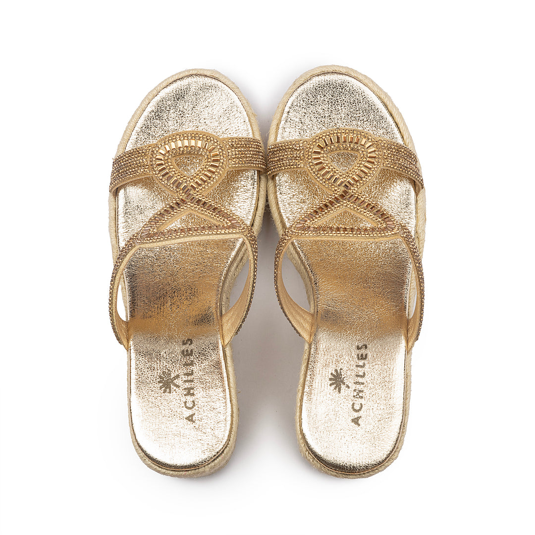 Knot Tie Wedge Sandals - Gold