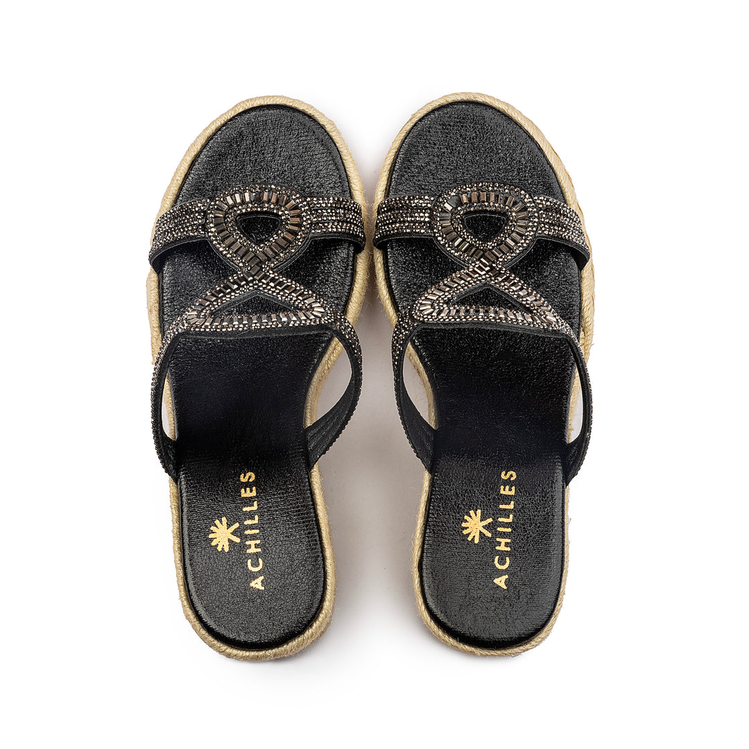 Knot Tie Wedge Sandals - Black