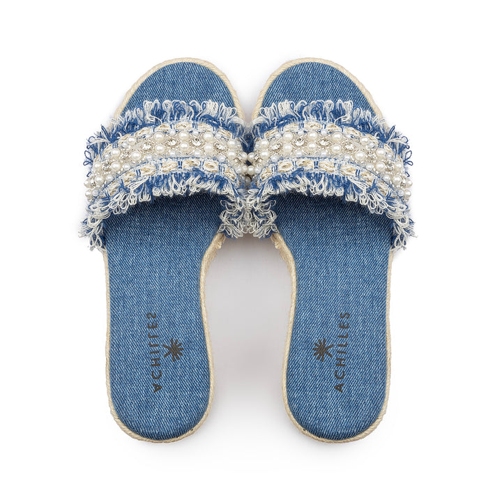 Pearl Strap Wedge Sandals - Denim