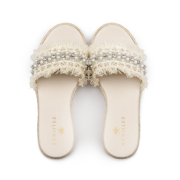 Pearl Strap Wedge Sandals - Beige