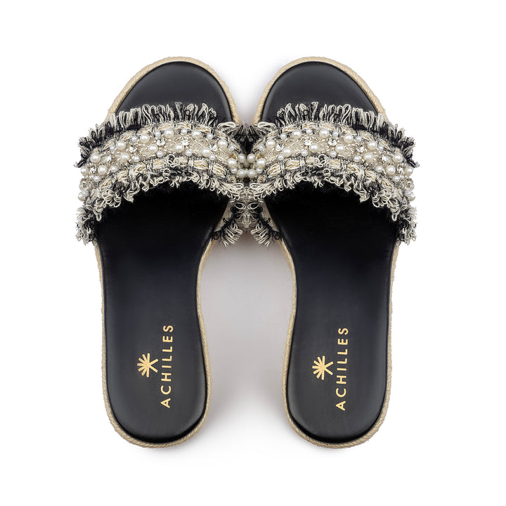 Pearl Strap Wedge Sandals - Black