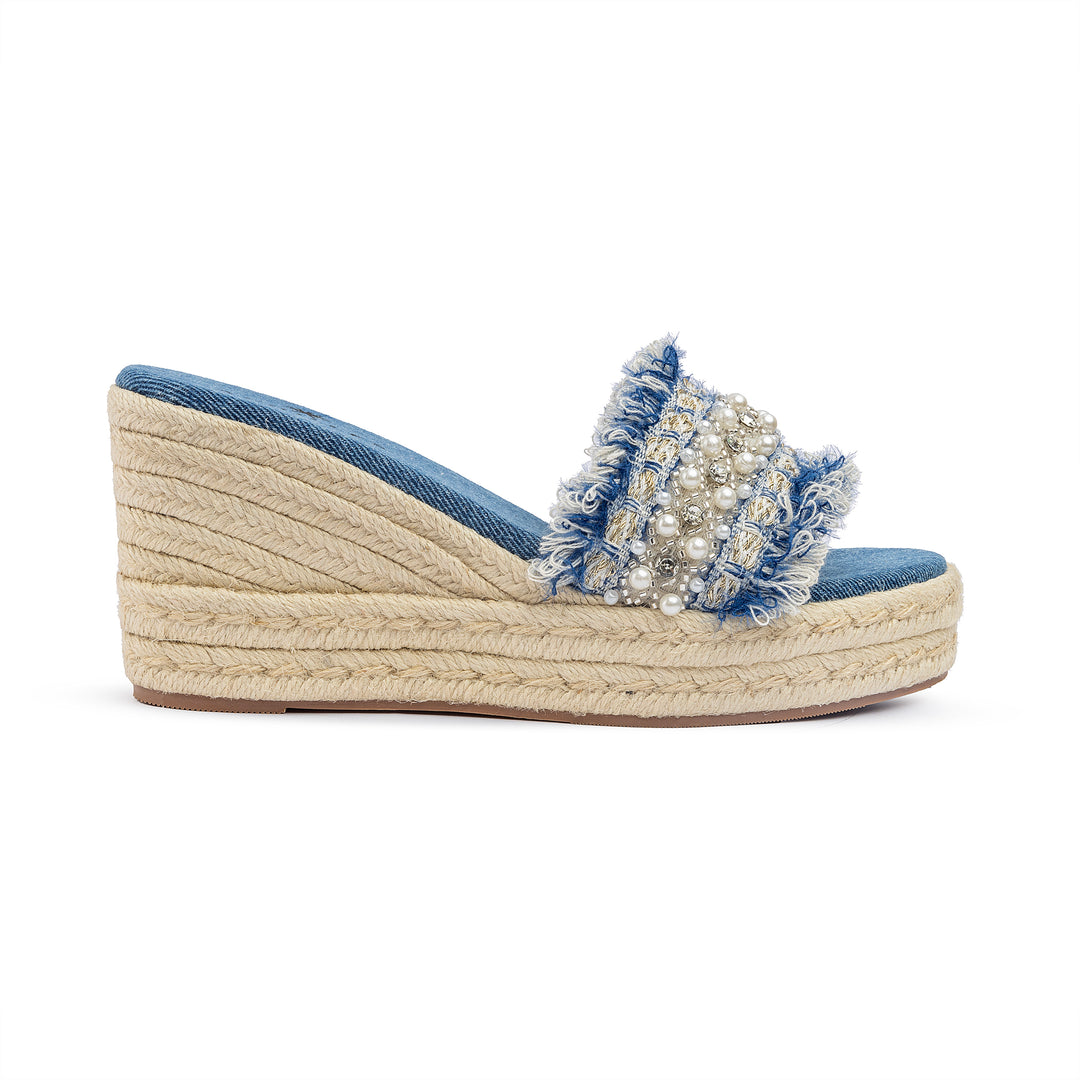 Pearl Strap Wedge Sandals - Denim