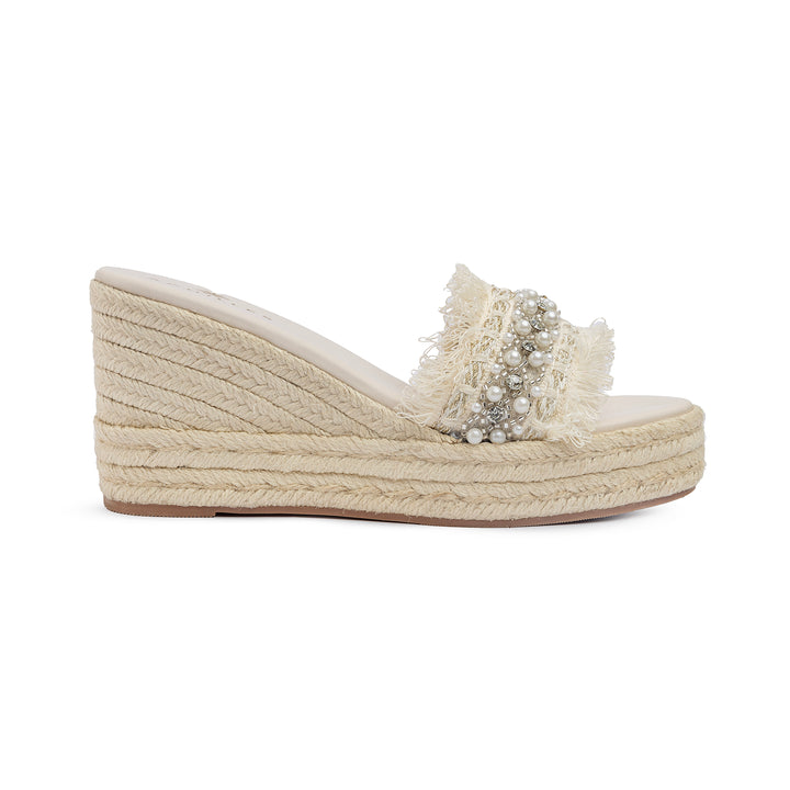 Pearl Strap Wedge Sandals - Beige