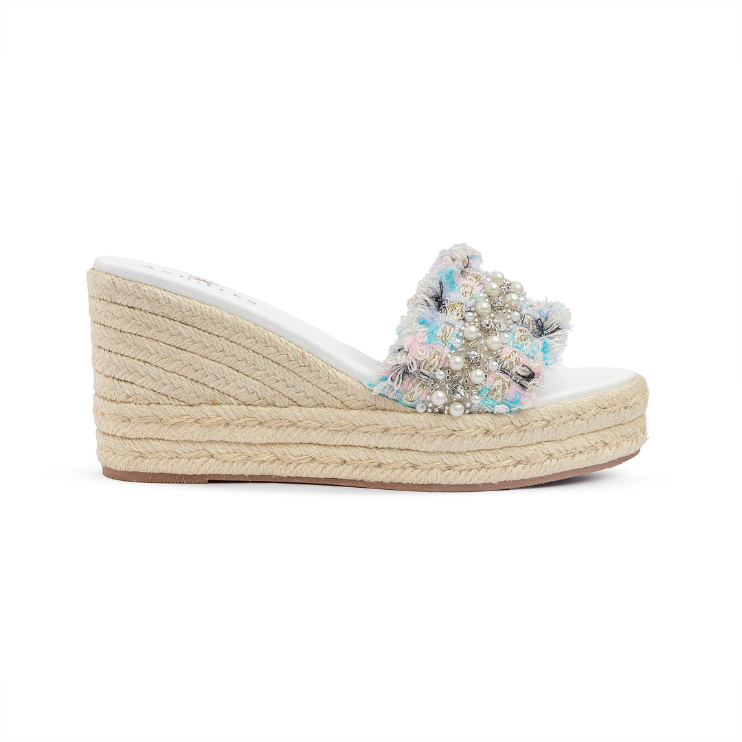 Pearl Strap Wedge Sandals - White